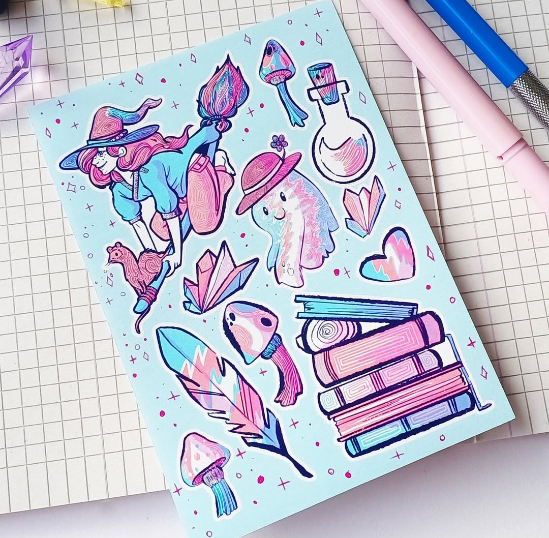 Colorful illustration sheet with fantasy-themed designs on a grid background