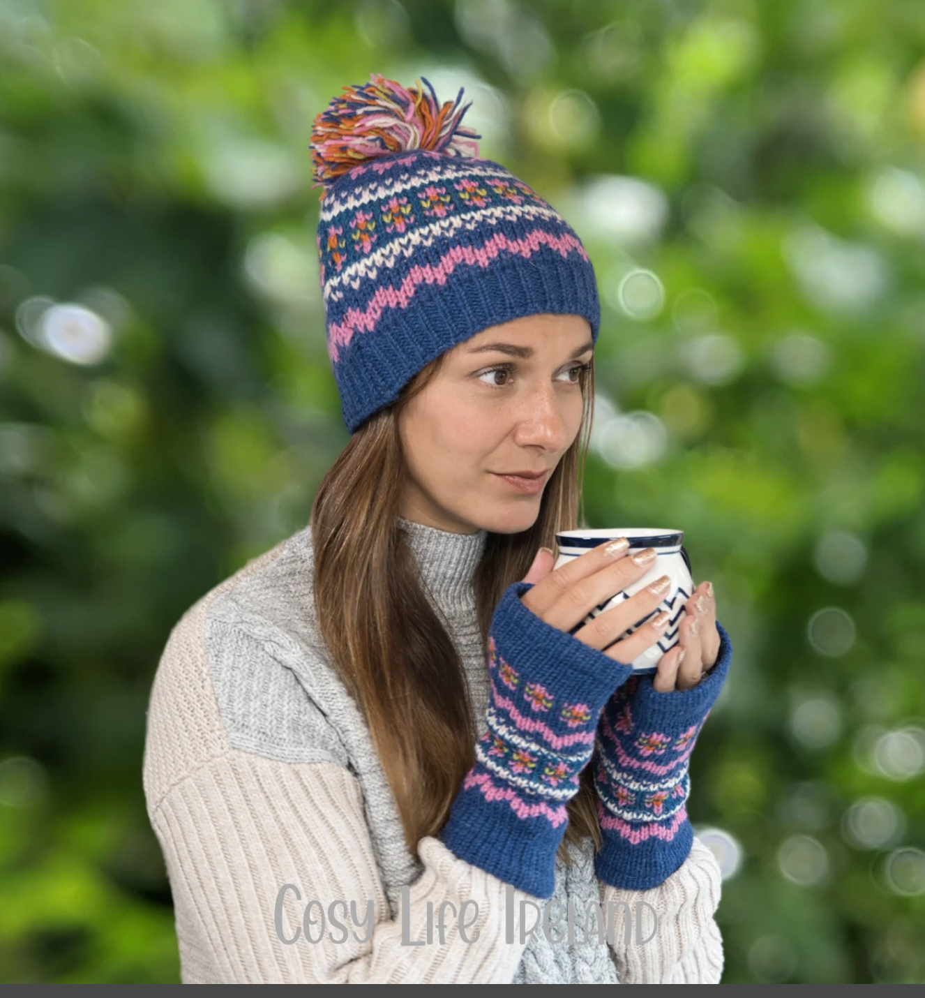 Hand Knit Pure Wool Bobble Beanie Blue